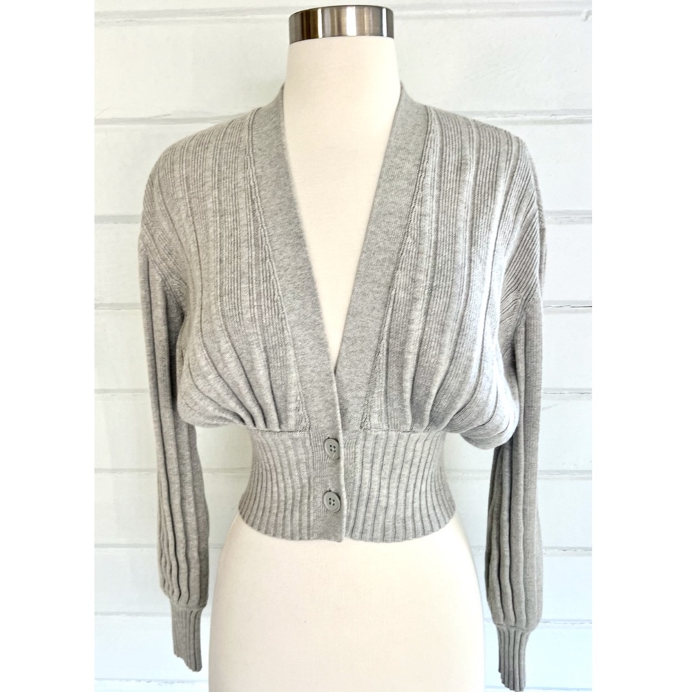 ARITZIA WILFRED Plunge Front Ribbed Cardigan Wool/Cotton Blend Heather Gray -XXS